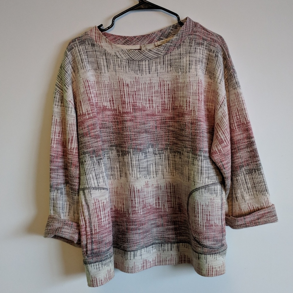 Anthtropologie linen style red and blue shirt.